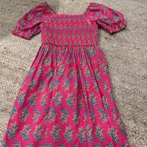 J. Crew Factory Bright Pink Floral Smocked Puff-Sleeve Dress